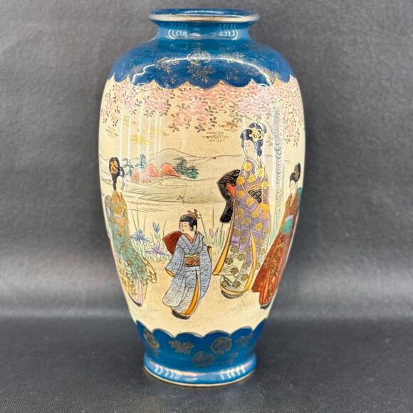 Satsuma Style Asian Vase Geisha Girls Hand Painted Teal & Gold 9” - Picture 1 of 9